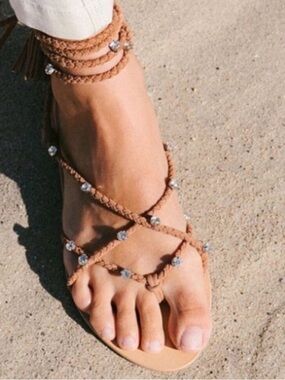 Loeffler Randall Taupe Braided Rhinestone Wrap Sandals